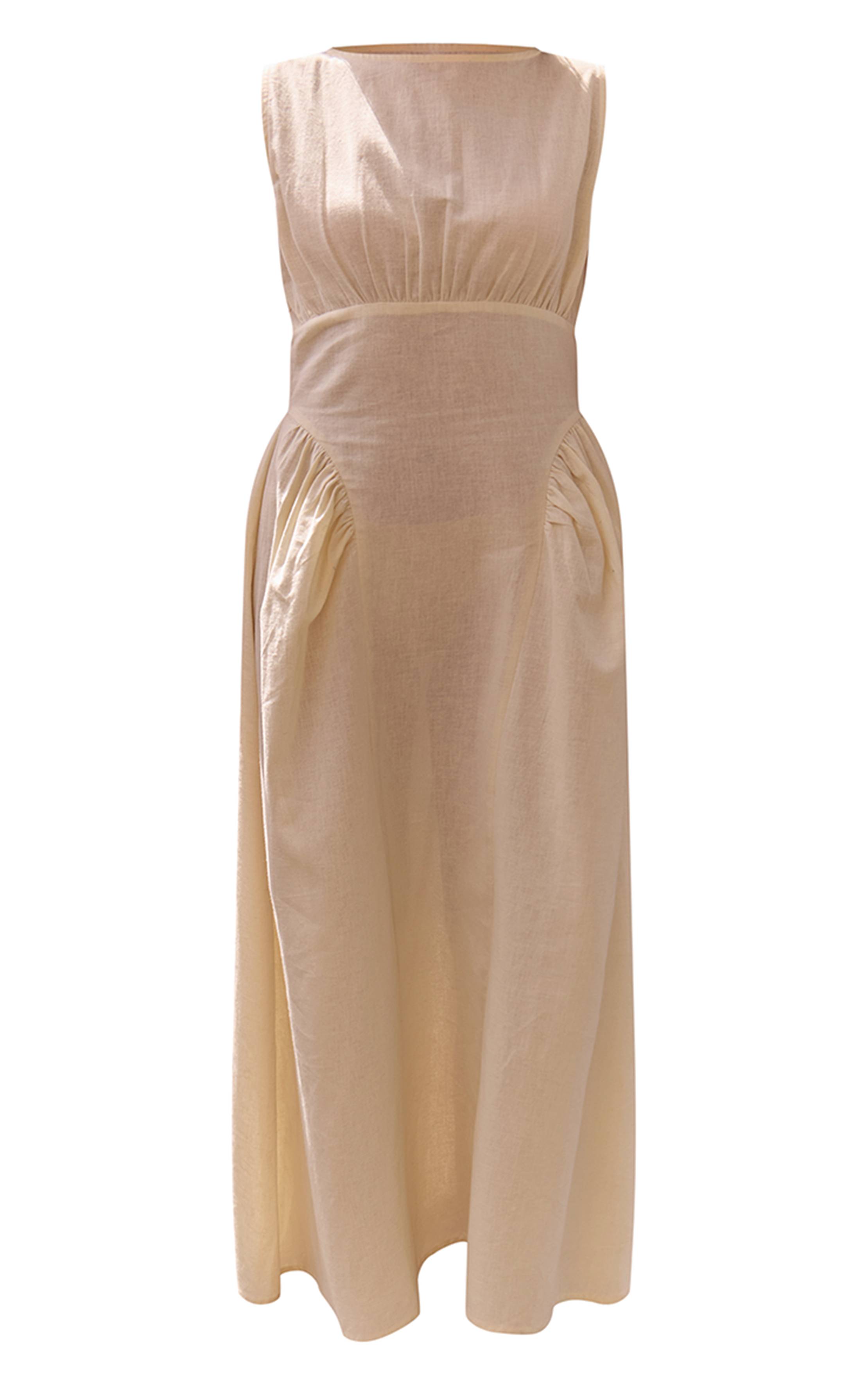 Naturel Robe Longue À Taille Froncée Effet Lin