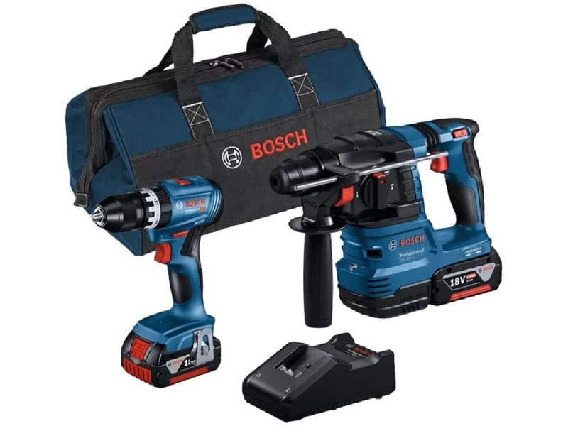 Bosch Professional Akku-Werkzeugset 18 V Combo Kit Set bestehend aus Akku-Schlagbohrschauber und Akku-Bohrhammer mit SDS plus