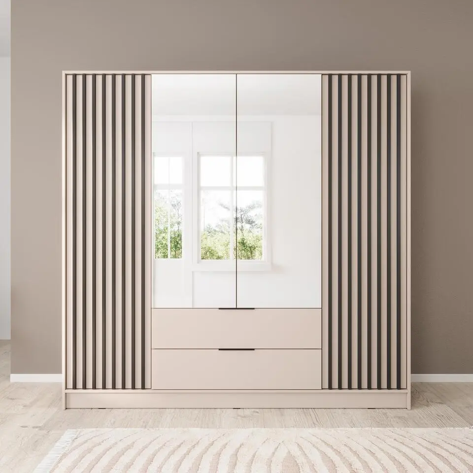 Meubella - Kledingkast Nairobi - Beige - Zwart - 206 cm - met spiegel