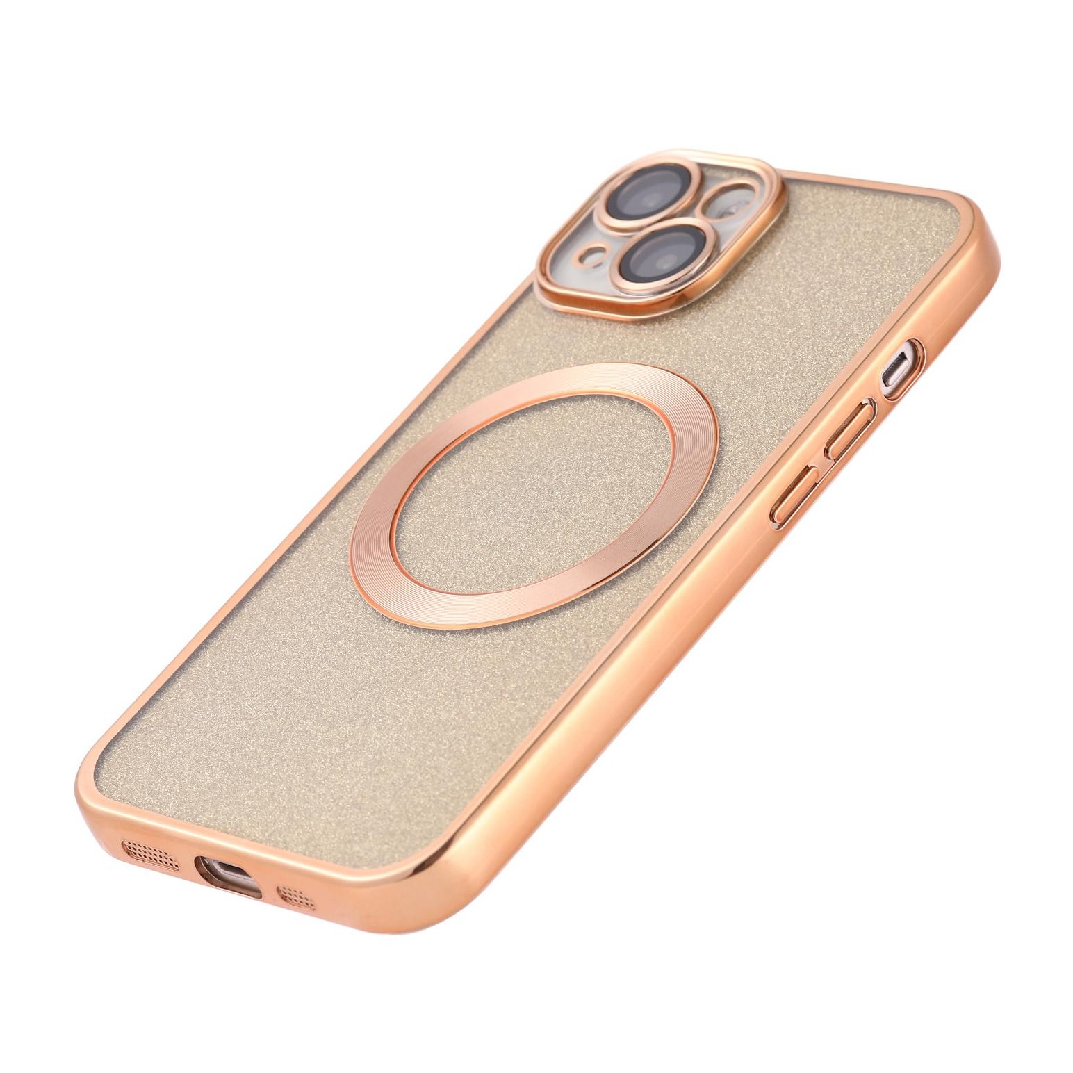 iPhone 14 MagSafe Gummi Case Hülle mit Acryl Kameraglasschutz im Glitzer Design - Gold / Transparent