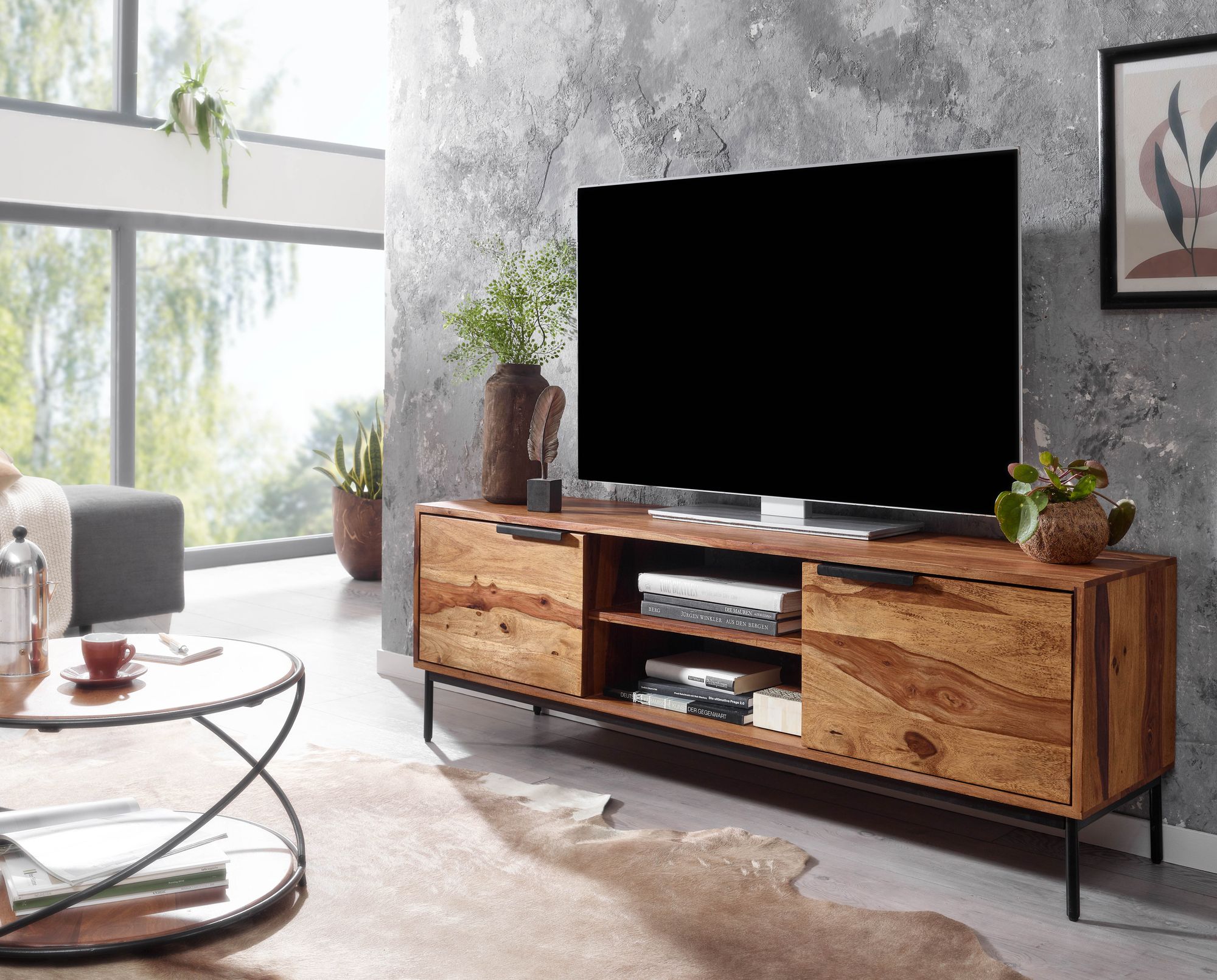 KADIMA DESIGN TV-Kommode für 60 Zoll Fernseher, Sheesham Massivholz, offene Ablagefächer, Anti-Rutsch-Noppen