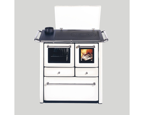 Westminster K85F vaste brandstoffornuis, wit, oven links met stalen kookplaat