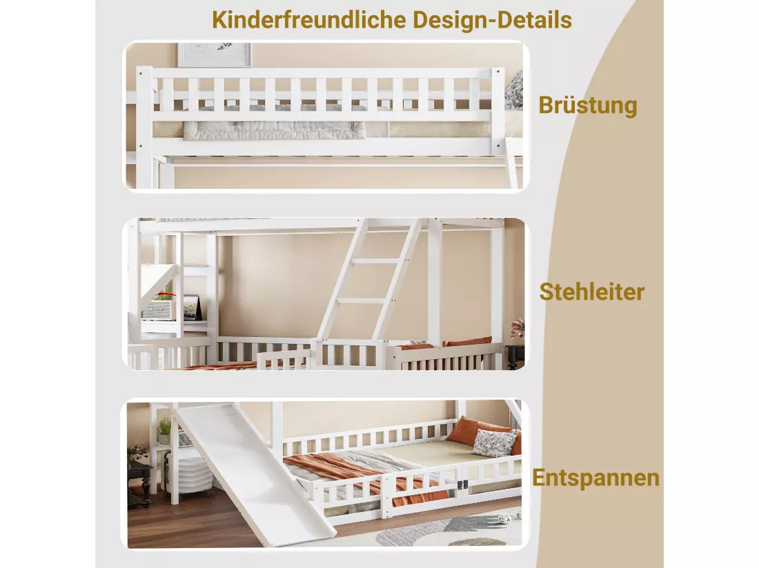 Lits superposés 140 x 200 cm + 90 x 200 cm avec toboggan, étagères et barrières de protection - Pin+MDF - Blanc (sans matelas)