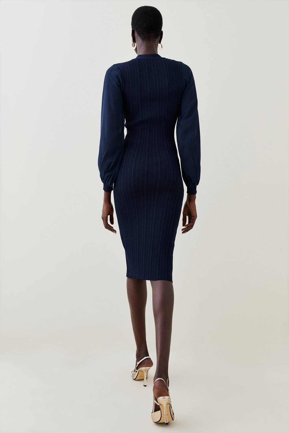 KarenMillen Robe Midi Petite En Maille Côtelée Mélange Viscose Avec Manches En Mousseline