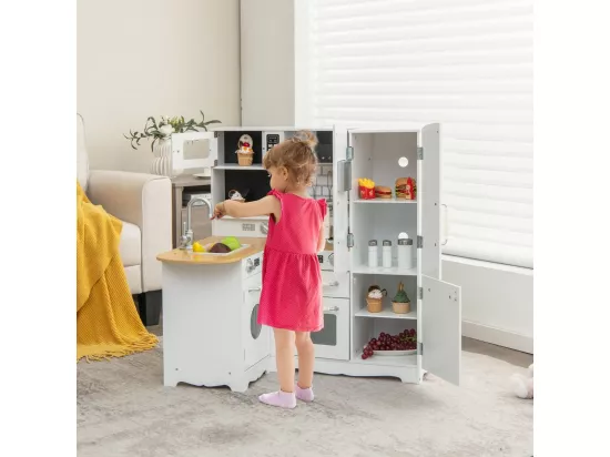 Cuisine d’Angle Enfants avec Réfrigérateur Latéral, Cuisinière de Jeu en Bois avec Machine à Laver, Téléphone Simulé, Ustensiles de Cuisine, Jouet d’Imitation pour Tout-Petits de 3 Ans+