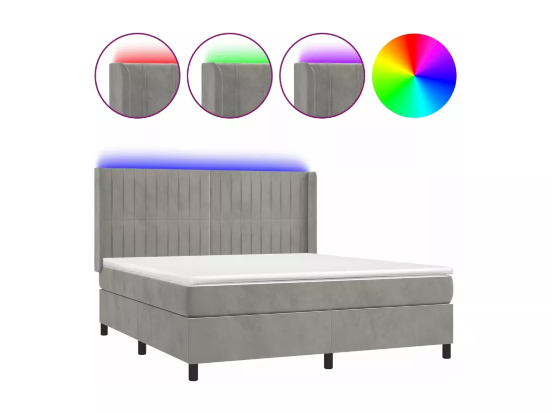 Sommier tapissier matelas et LED Gris clair 160x200 cm Velours