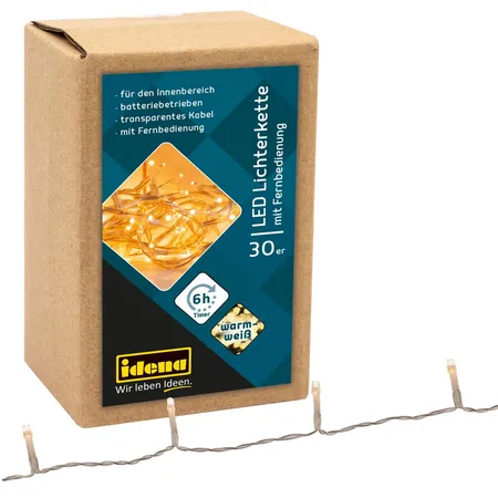 Idena 30er LED Lichterkette, warmweiß, für innen, batterieb., Fernbedienung, Timer