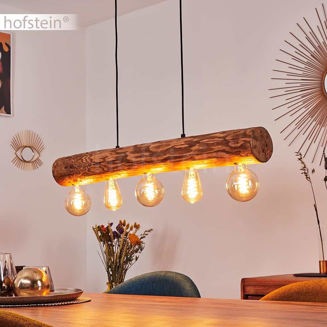 HOFSTEIN Hängeleuchte Canedo, 5-flammige Hängelampe aus Metall/Holz in Schwarz/Natur im skandinavischen Design, Pendelleuchte m. Holzstab u. Fassungen aus Metall, 5 x E27, ohne Leuchtmittel