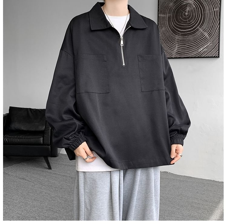 POSI - Sweatshirt met lange mouwen, effen polohals en halve rits