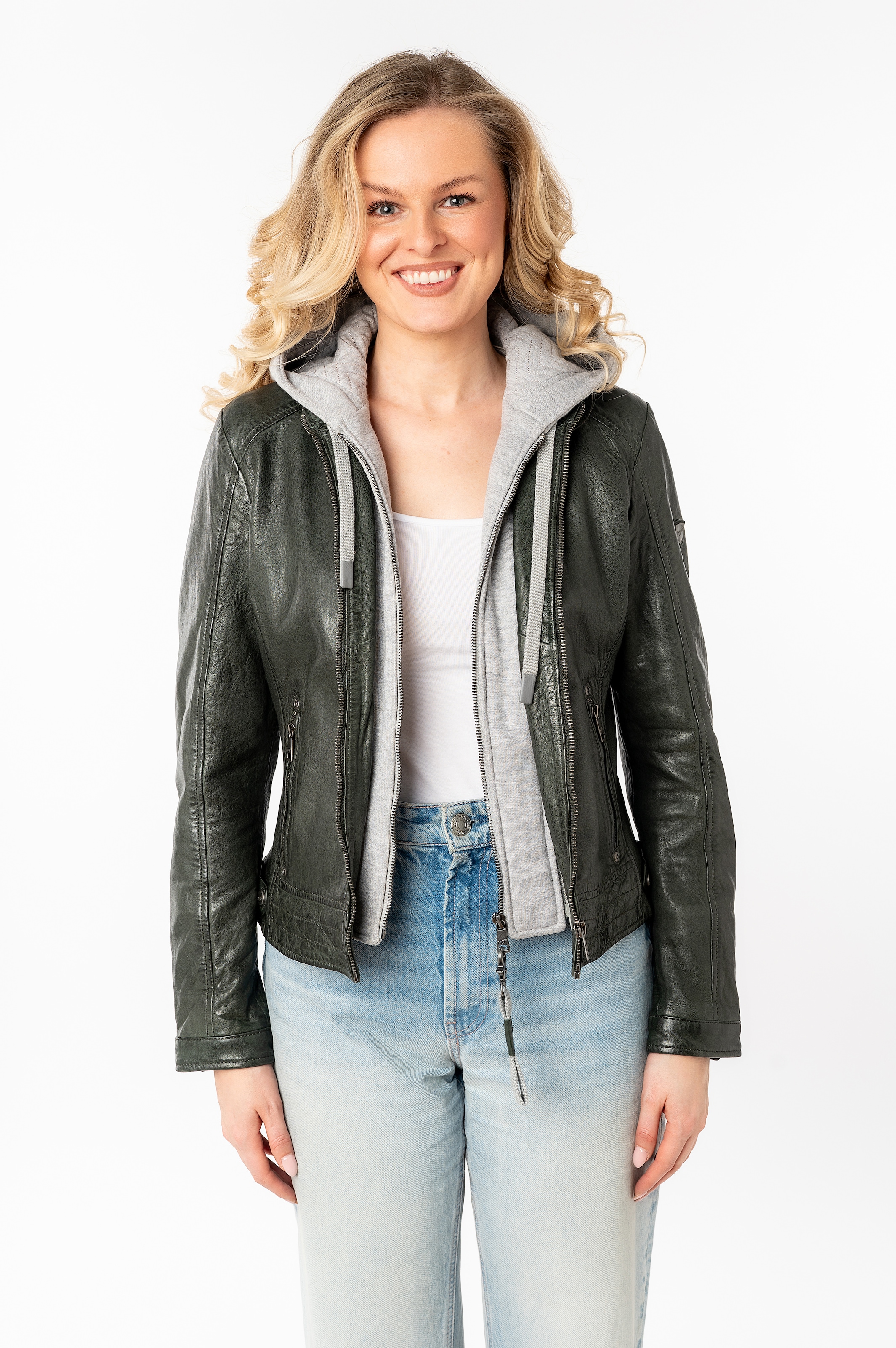 Mauritius Lederjacke »MWAleni« mit Kapuze mit Jerseykapuze und Stehkragen