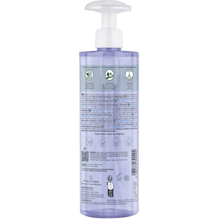 Eau micellaire au bleuet Bio Démaquillant 3-en-1 Klorane - Flacon-pompe de 400 ml
