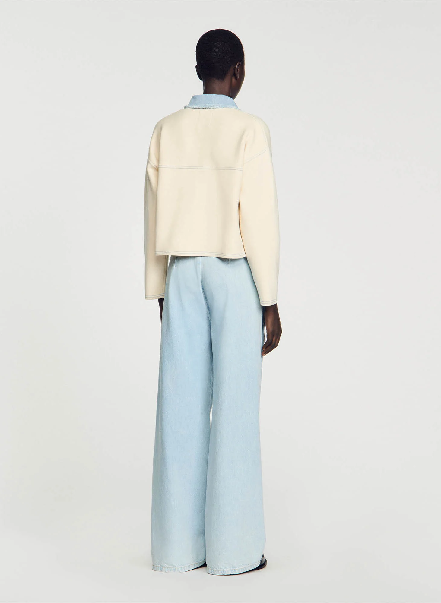 Cardigan oversize col classique bi matière| Blanc