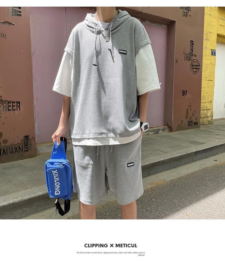 Diphon - Mock Two Piece Elbow Sleeve Hoodie + Plain Sweatshorts