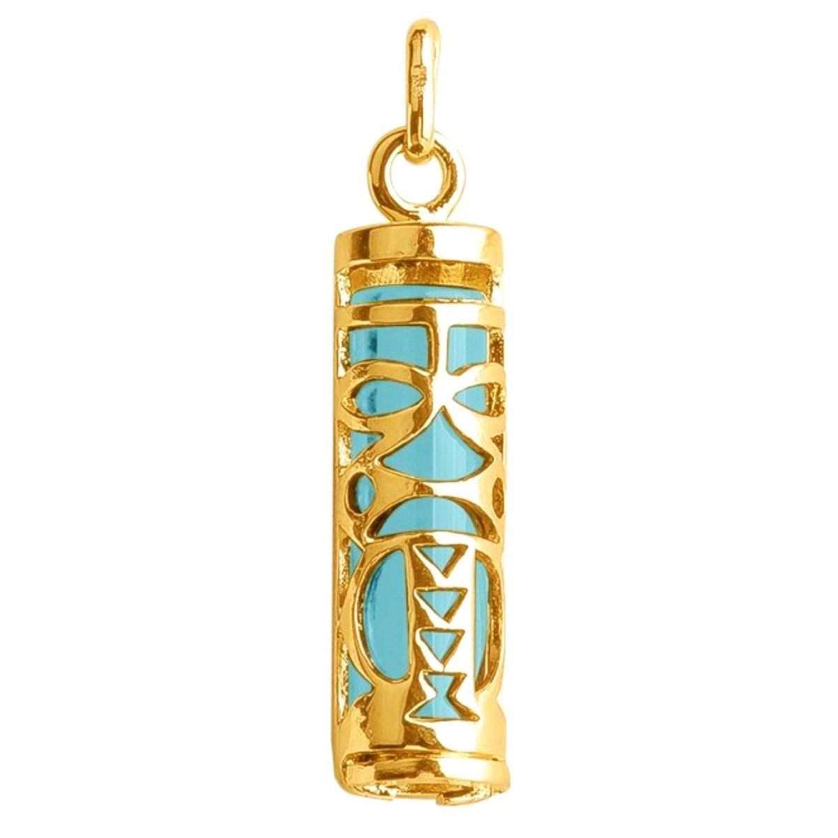 Pendentif Tiki Polynésien bleu turquoise maori en plaqué or 3cm + chaîne symbole tendresse