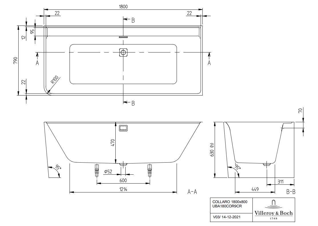 Villeroy & Boch Collaro hoekinbouw rechts ligbad 180x80cm wit met chromen afvoerplug