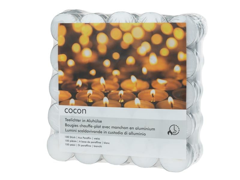 COCON Teelichter in Aluhülse 100 Stück, Weiss Rechaudkerzen aus Paraffin