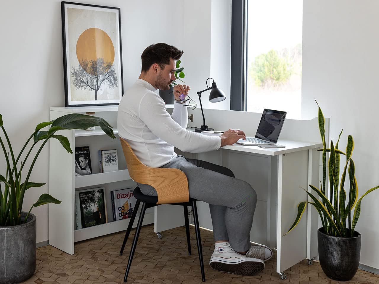 Mirjan24 Schreibtisch Ausziehbarer Work Concept, Eckschreibtisch, Arbeitstisch Computertisch, Eckschreibtisch, Winkelschreibtisch, Moderner Schranktisch (Weiß, Seite: Rechts)