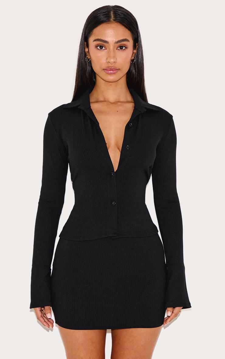 Noir Chemise Côtelée À Manches Longues Boutonnée Petite