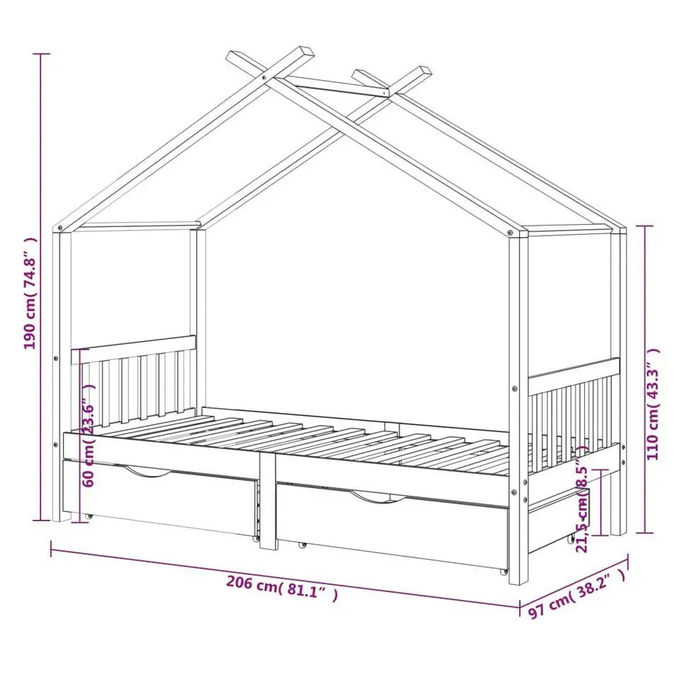 vidaXL - Kinderbed met lades - Donkergrijs - Grenenhout - 90x200 cm