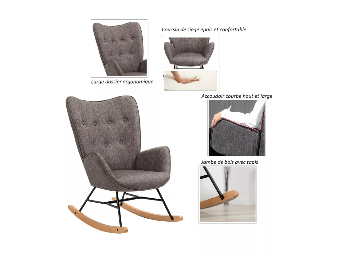 MEUBLES COSY Fauteuil à Bascule Allaitement Rocking Chair Scandinave Chaise Loisir Revêtement en Tissu avec Pieds en Bois Massif pour Salon, Chambre, Le balcon, Gris Foncé
