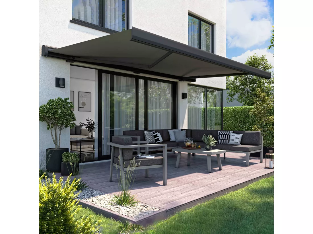 Store banne electrique gris +led coffre 5x3m aluminium noir