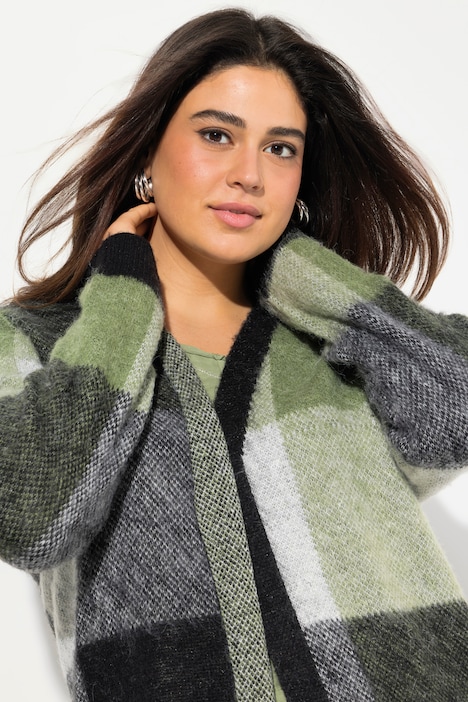 Long-Strickjacke, Karo, offenes Modell, Taschen