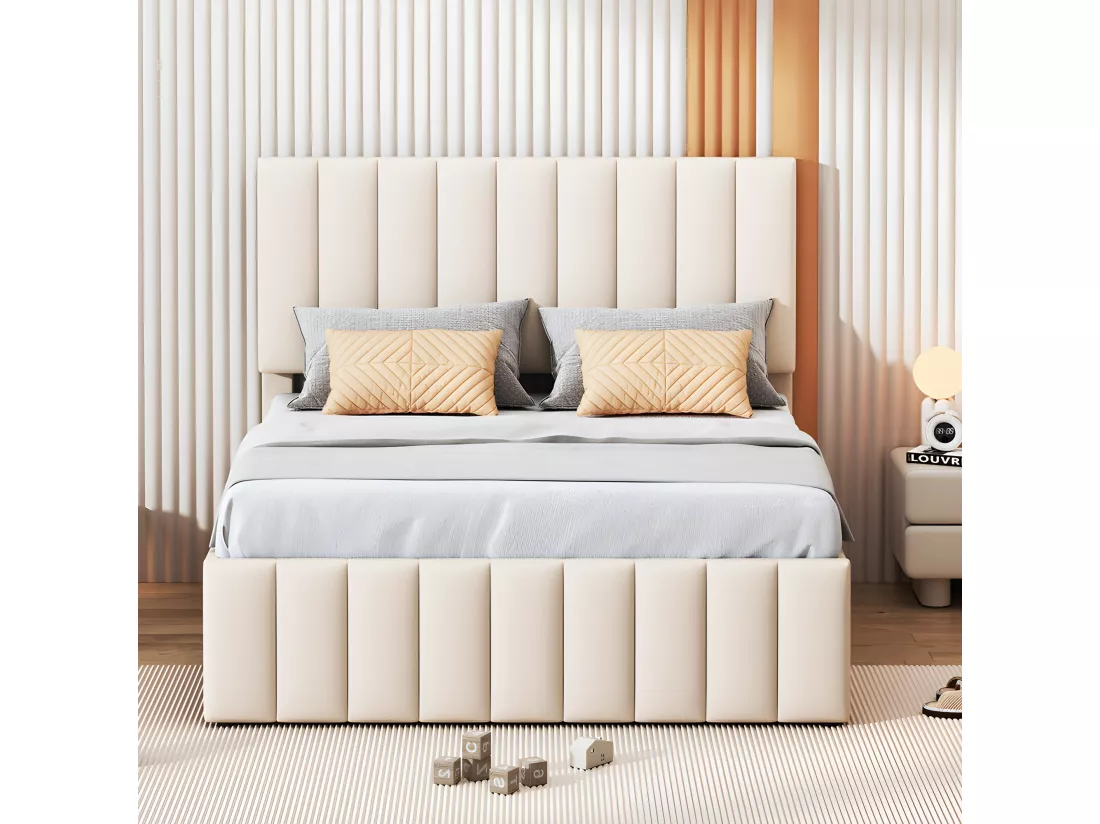 Lit rembourré en lin 140x200cm - avec un lit gigogne à roulettes et 3 tiroirs - Beige