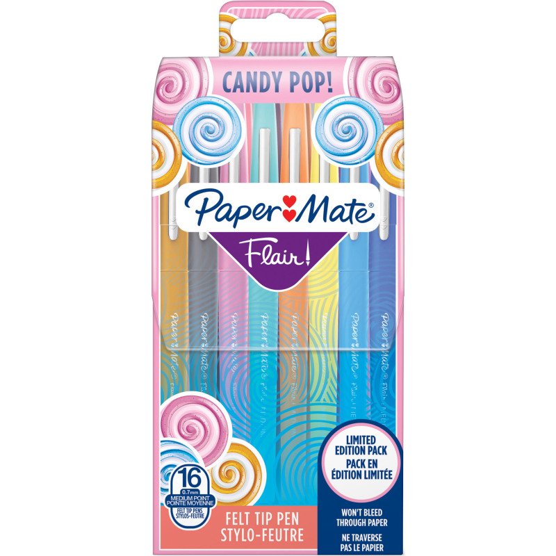 Stylos feutre Paper Mate Flair Candy POP écriture moyenne - Pochette de 16 couleurs assorties