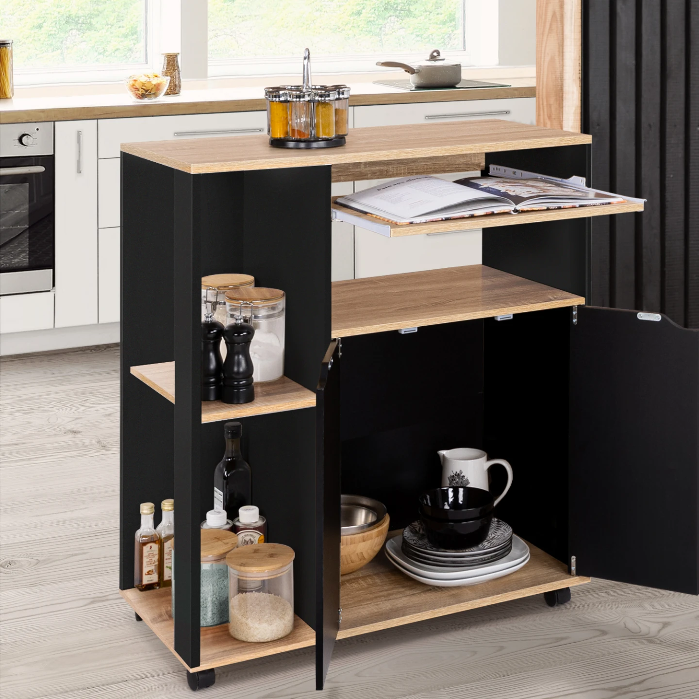 Desserte de cuisine COSI bois noir et plateaux façon hêtre L.76 CM