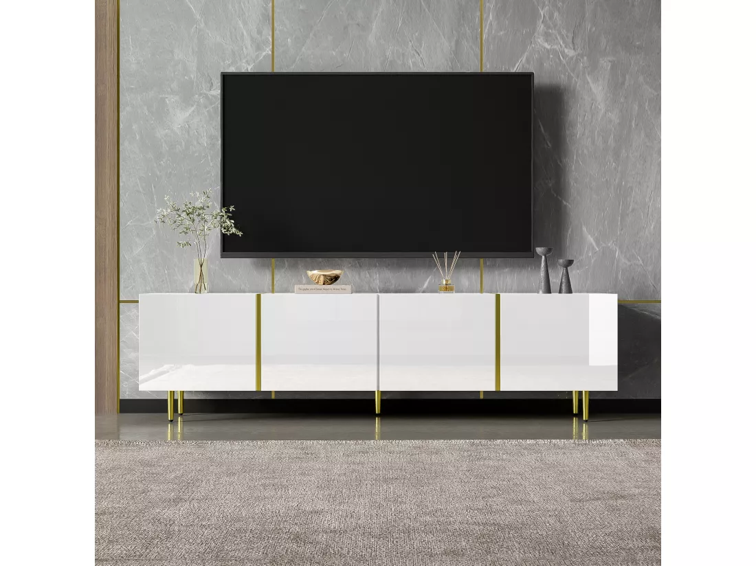 Meuble TV moderne avec 4 portes - 170 x 35 x 46 cm - Bois MDF - Blanc brillant et or