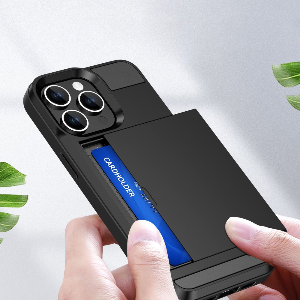 iPhone 15 Hybrid Hardcase Hülle mit integriertem Karten Portemonnaie (aufschiebbar) - Schwarz