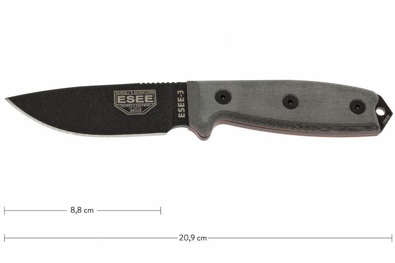 ESEE Model 3 black blade, grey handle 3P-MB-B met schede   clip en MOLLE-back
