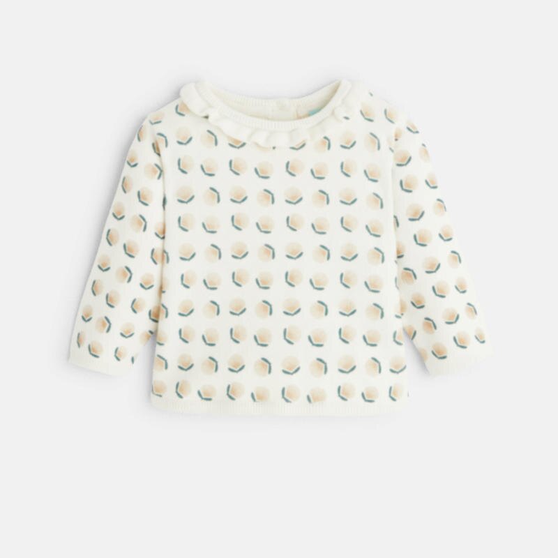 Pull maille fantaisie col volanté graphique blanc bébé fille Blanc