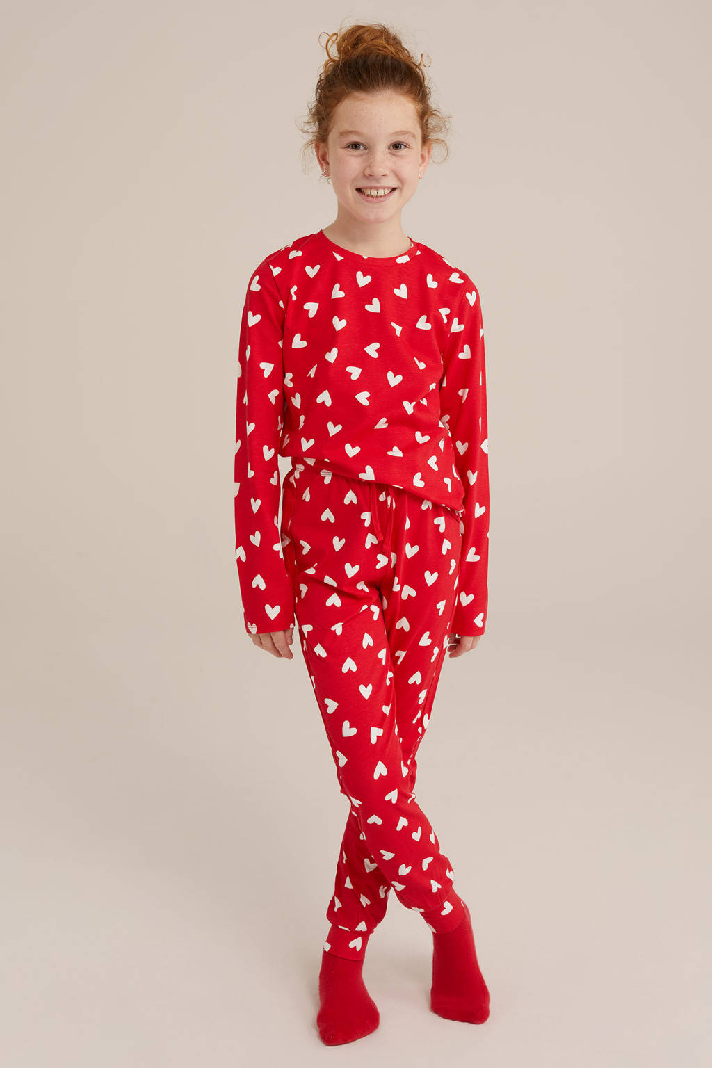 WE Fashion pyjama met hartjes print rood/wit