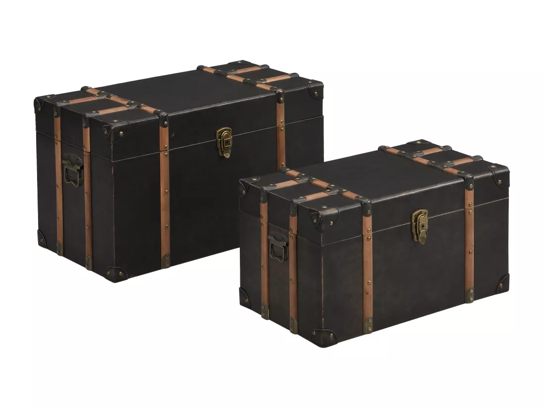 Lot de 2 malles en bois et MDF - Revêtement en simili - L. 64 x P. 39 x H. 34 cm et L. 54 x P. 30 x H. 30 cm - Marron foncé - MAHALIA
