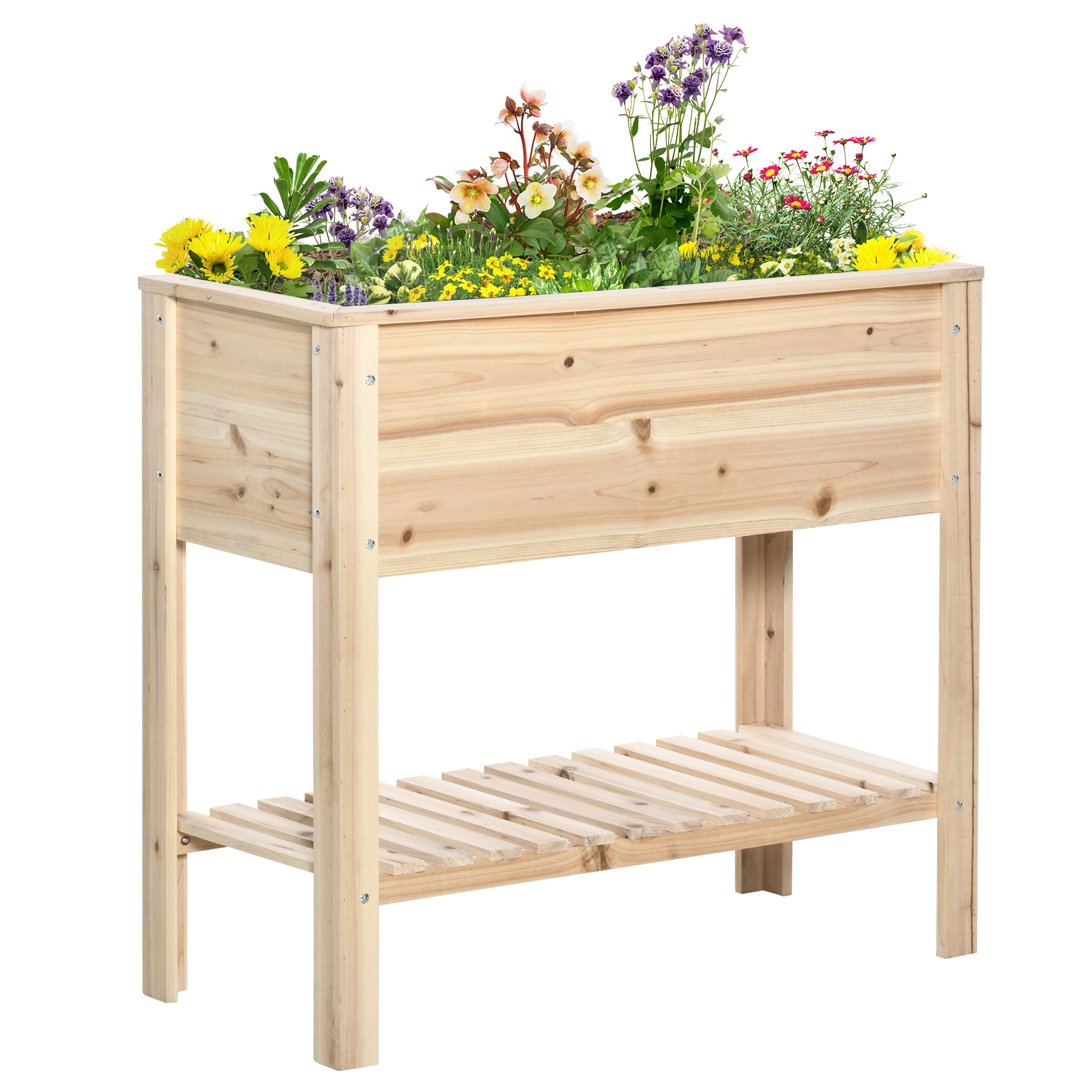 Horta urbana elevada Outsunny com prateleira, 90x40x81 cm, mesa de cultivo em madeira com tecido não tecido para cultivo de plantas, flores e jardinagem natural.