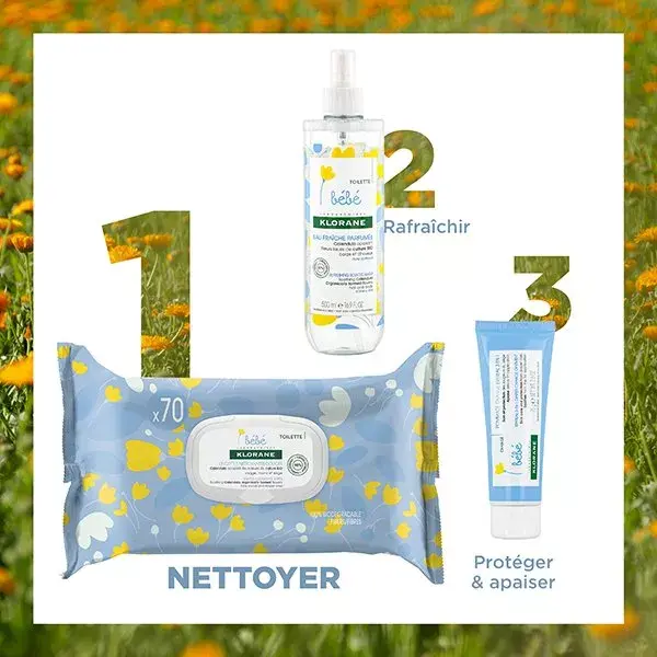 Lenços umedecidos de limpeza suave Klorane Baby Calendula, pacote com 3 unidades de 70 lenços cada.