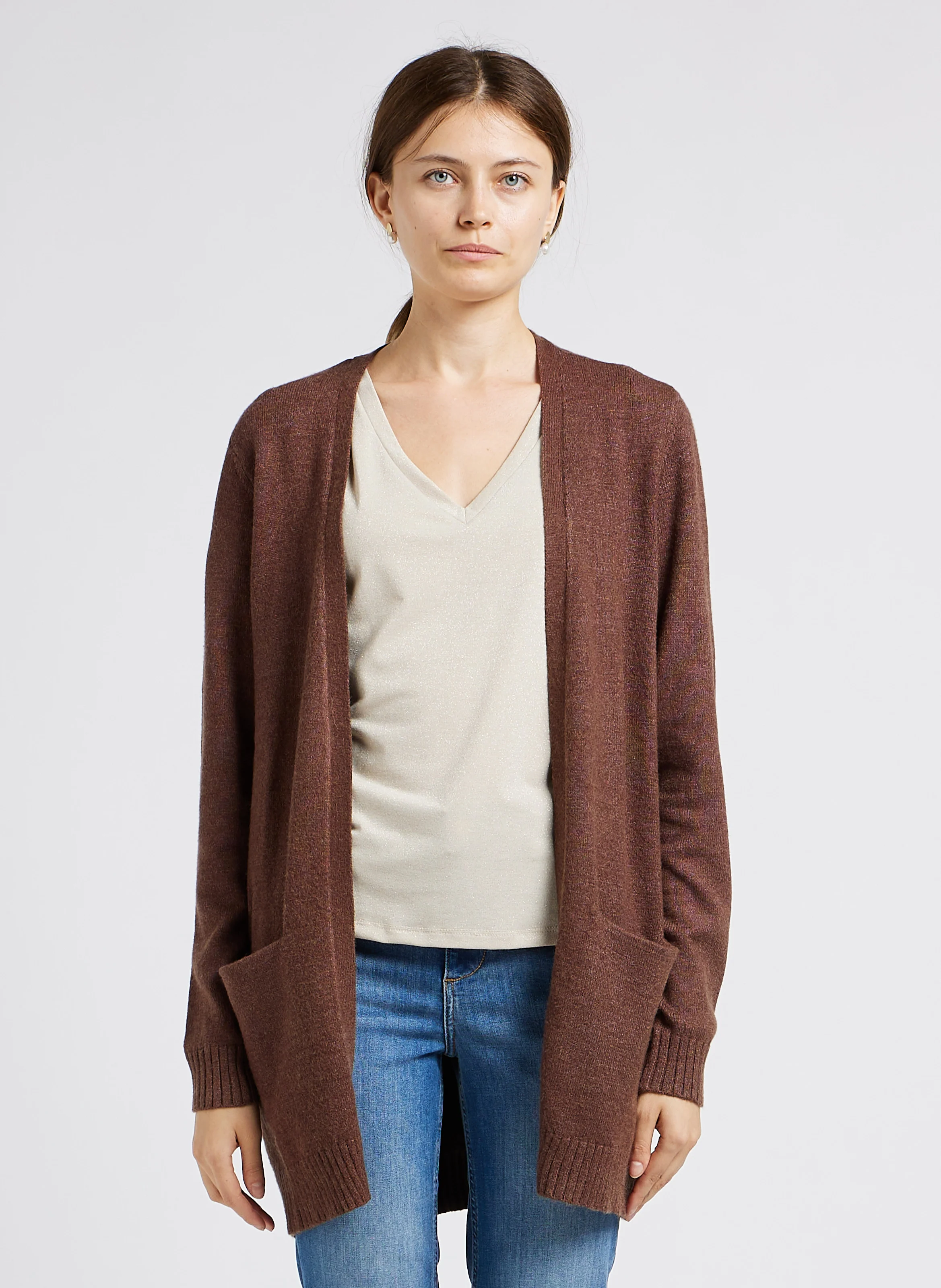 Gilet col châle mi-long à poches en maille mélangée | Marron