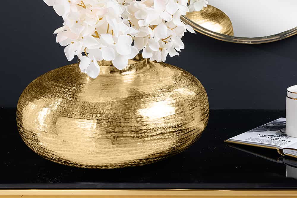 Moderne Deko Vase ABSTRACT ORIENT 35cm gold rund Metall Hammerschlag-Design