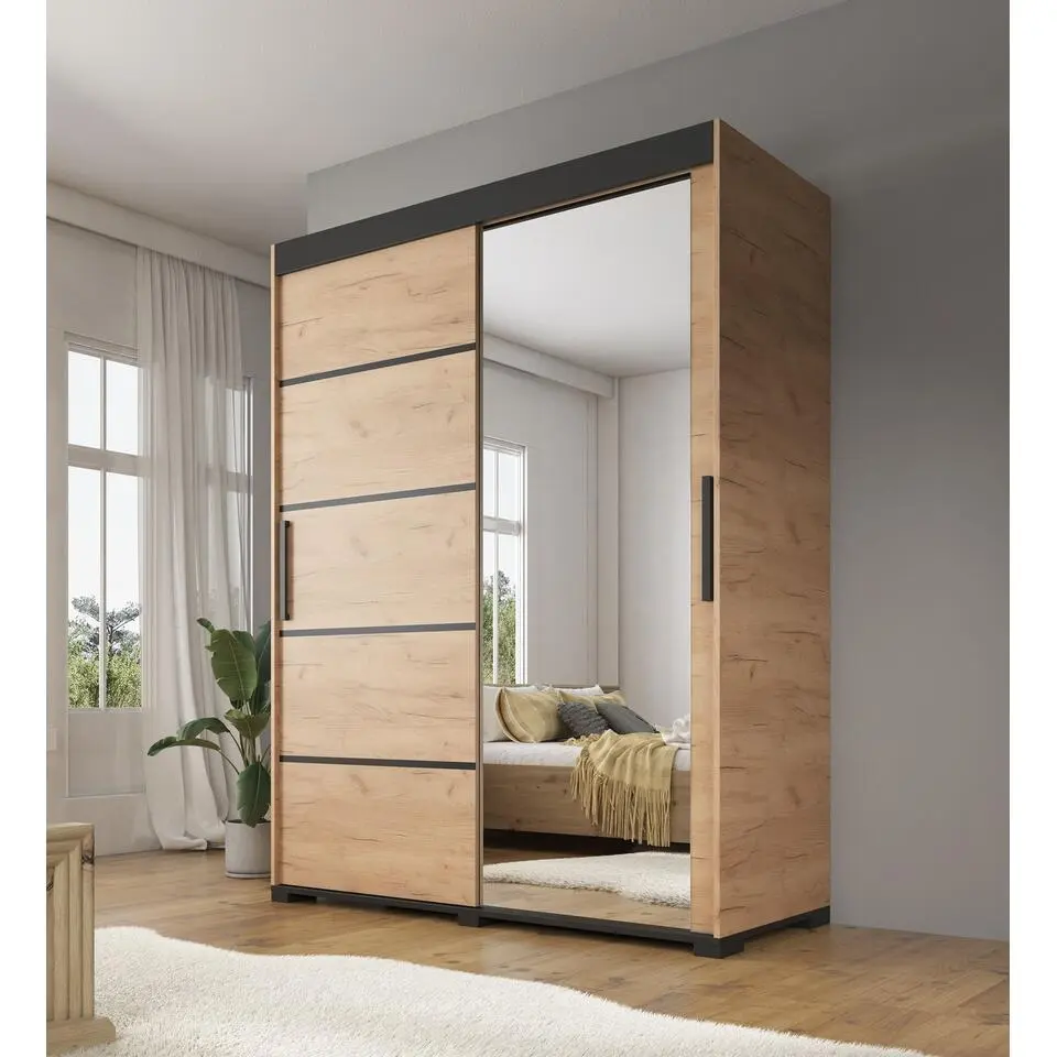 Meubella - Kledingkast Fabio - Eiken - 150 cm - Met spiegel
