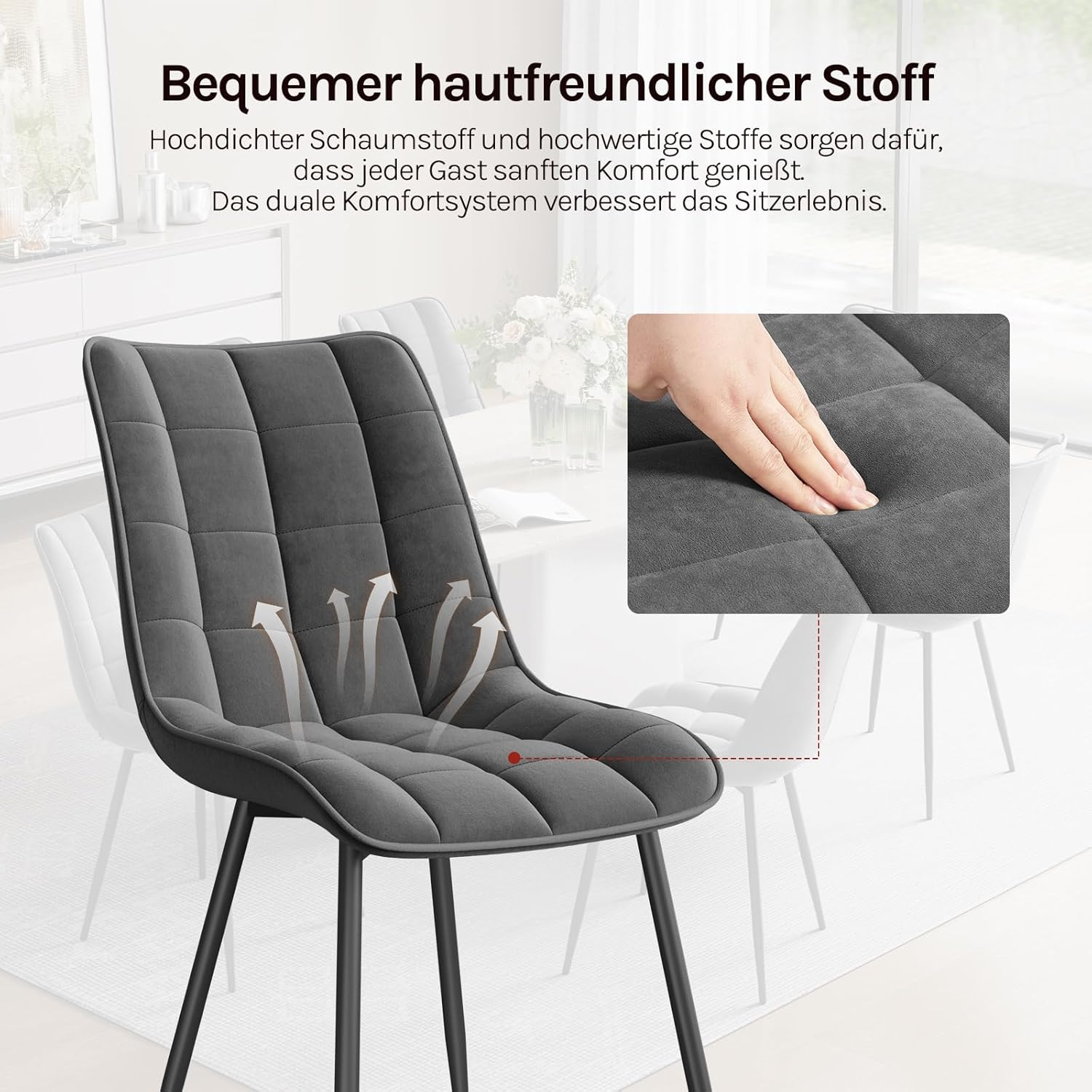 WOLTU Esszimmerstühle 6er Set, für Wohnzimmer Küche Esszimmer, Küchenstühle gepolstert mit Rückenlehne, Sitzfläche aus Samt, mit Metallbeinen, bis 150 kg belastbar,Dunkelgrau
