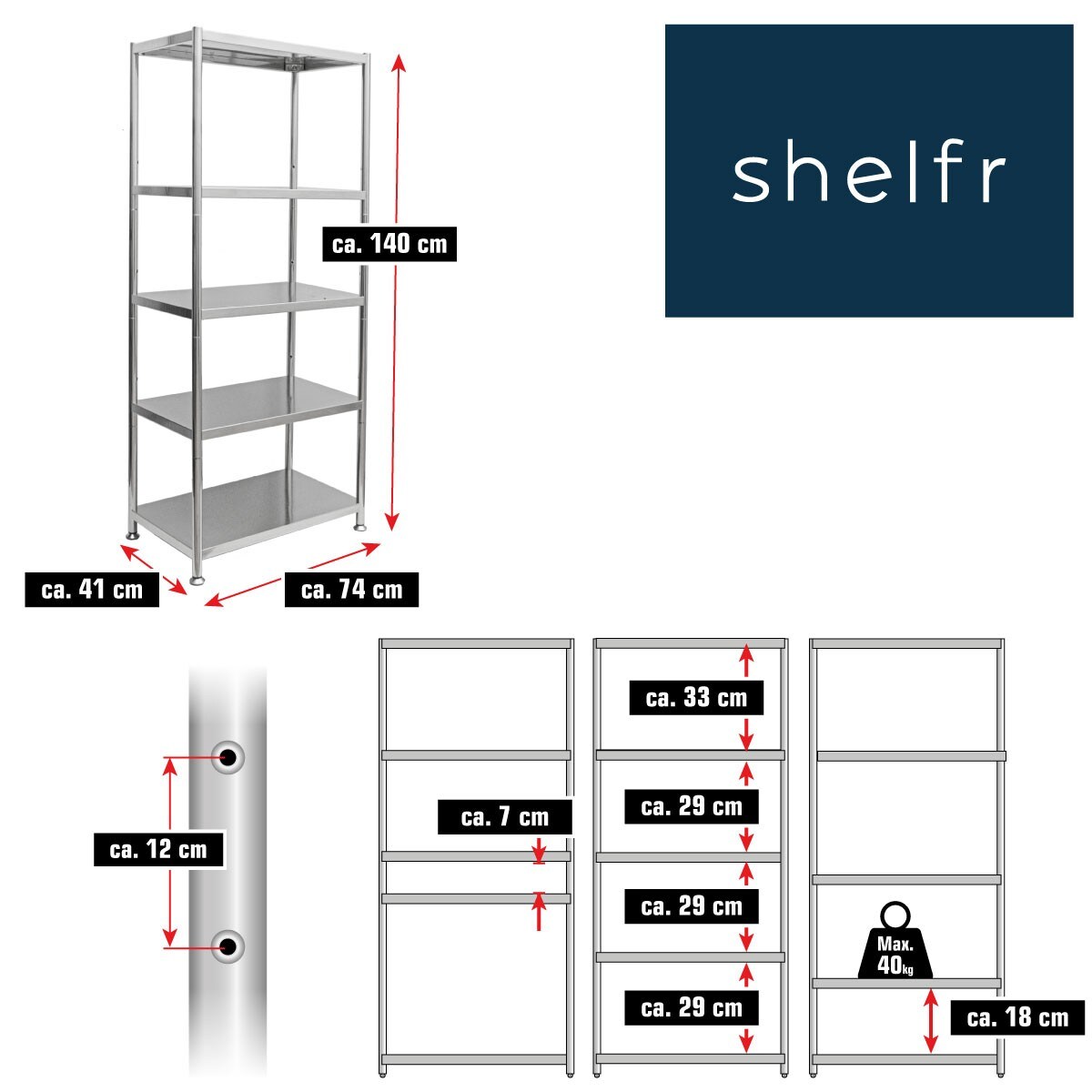 Edelstahl Regal bis 200kg - 5 Ebenen Schwerlastregal 74x41x140 Metallregal Küche