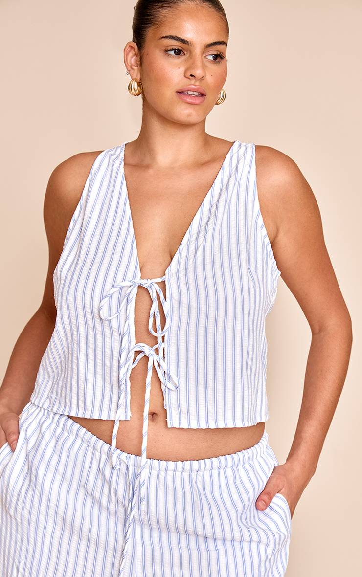 Bleu Haut Grande Taille Sans Manches Rayé Avec Nœud Devant