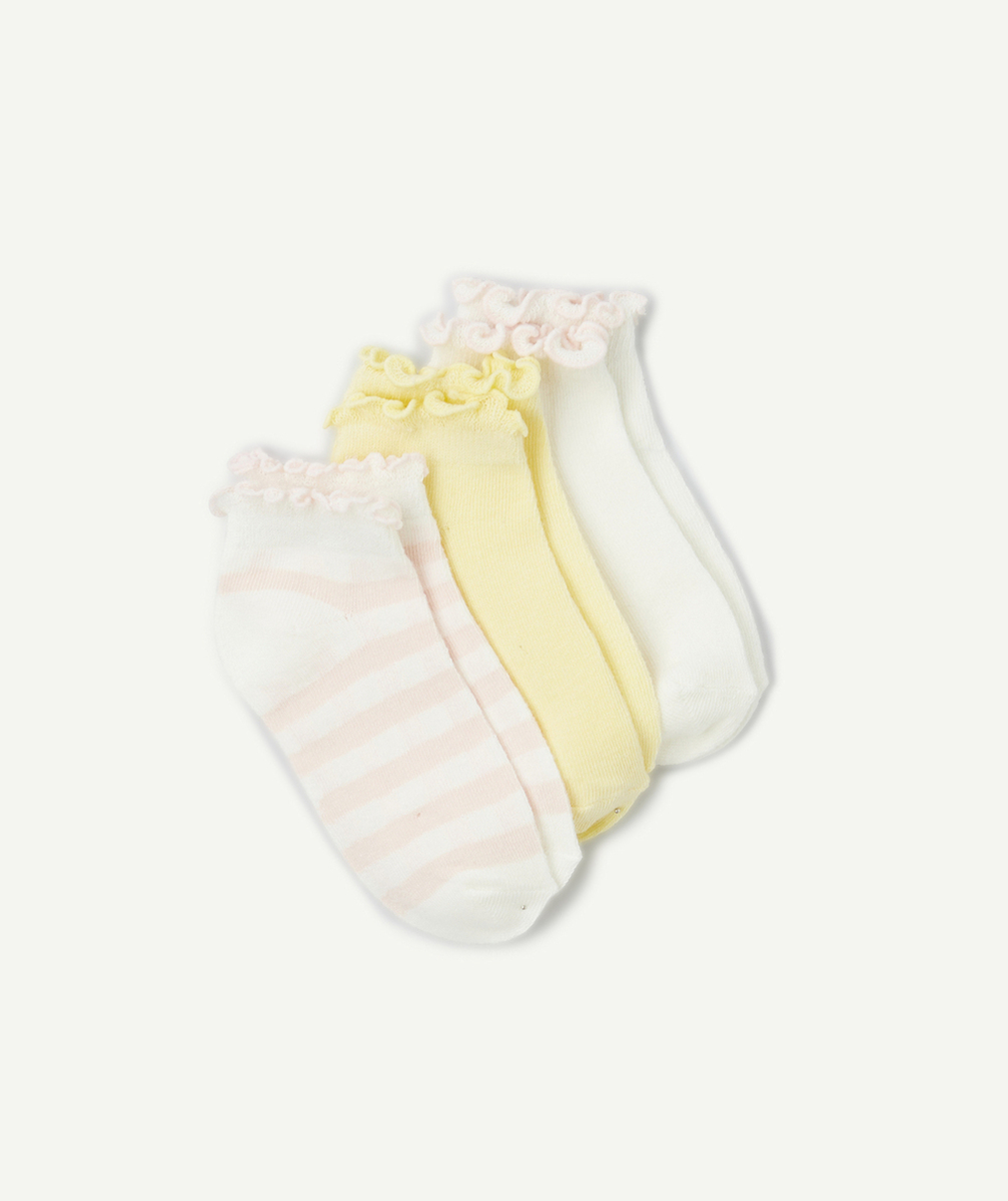 lot de 3 paires de socquettes fille rose blanc et jaune avec festons