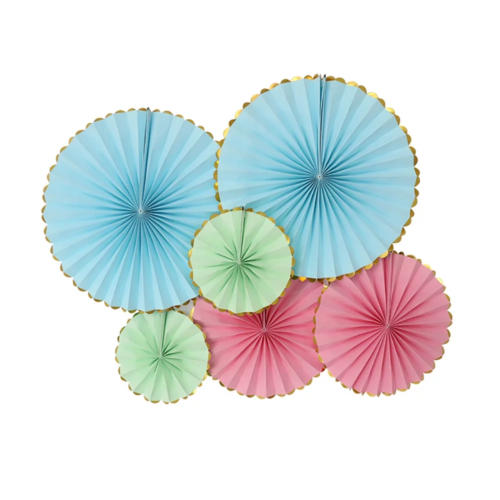 (6er Set) Papier Fächer Deko Rosetten Party / Geburtstag / Hochzeit - Grün / Rosa / Blau / Gold