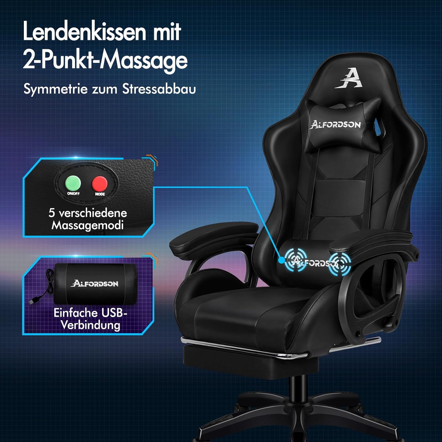 ALFORDSON Massage Gamer Stuhl, Computer Bürostuhl mit Fußstütze, 2-Punkt-Massage Stuhl 180kg Belastbarkeit, 90-150° Rückenlehne einstellbar Ergonomischer PC Stuhl, 360° drehbar, Schwarz