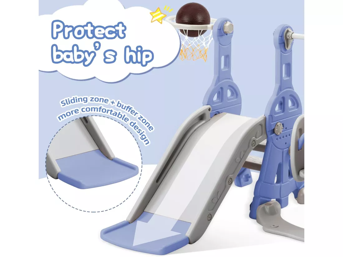 Portique enfant toboggan, echelle et balançoire avec panier de basket-ball - aire de jeux 4 en 1 - usage intérieur extérieur - Bleu