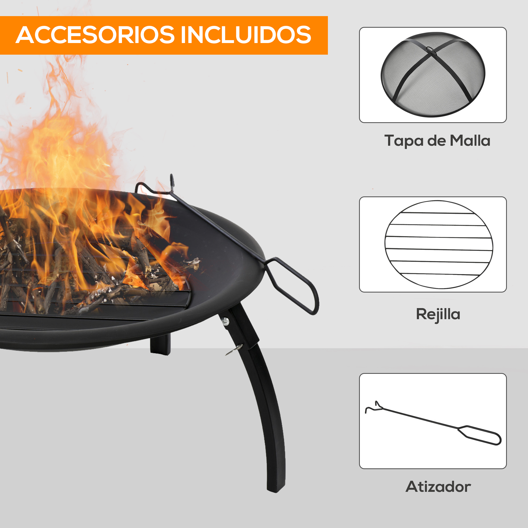 Lareira externa portátil Outsunny Ø55 cm para aquecimento, churrasco, terraço, pátio, camping e jardim, com capa de malha e atiçador. Cor preta.