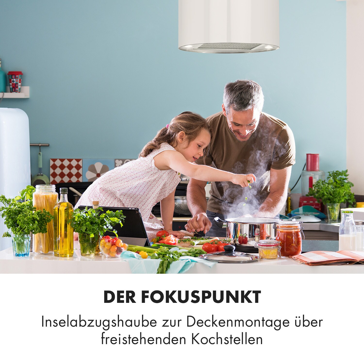 Barett Inselabzugshaube Ø35cm Umluft 558 m³/h LED Aktivkohlefilter Weiß