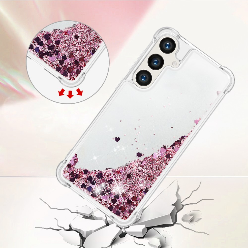 Samsung Galaxy S24 Hardcase Hülle mit Air Cushion Fallschutz Liquid Case Glitzer Herzen - Pink / Transparent
